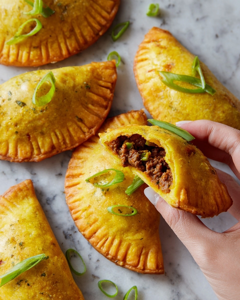 The image shows a group of golden-yellow turnovers with a textured crust and edges pressed with fork marks. Each turnover is sprinkled with thin, bright green sliced scallions on top. One turnover is broken open, revealing a brown, crumbly meat filling inside. A woman's hand is holding one whole turnover on a white marbled surface, showing the flaky exterior and soft inside. The whole scene is bright and clear, highlighting the warm tones of the pastries and fresh green garnish. photo taken with an iphone --ar 4:5 --v 7