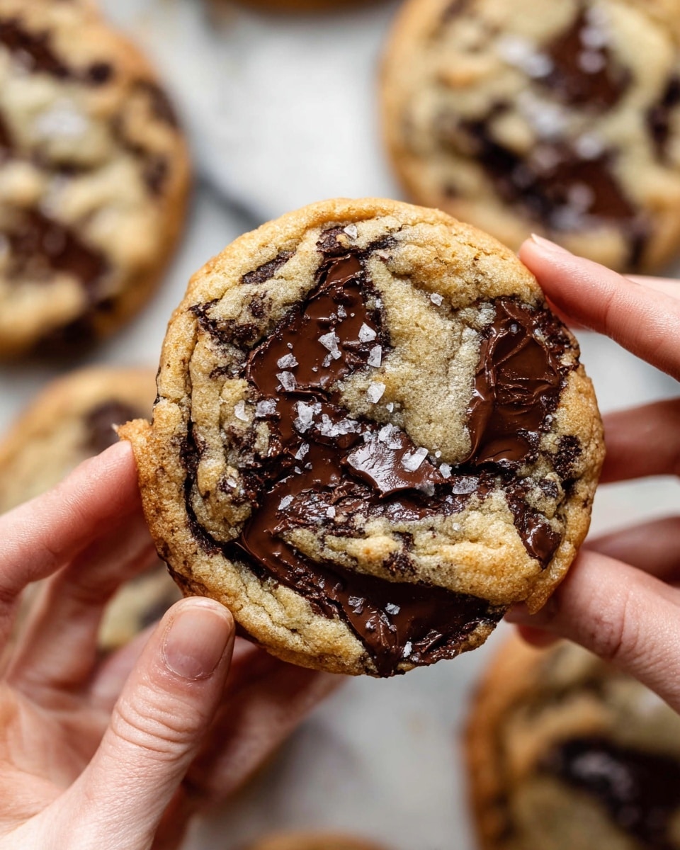 A round golden-brown cookie is held by two woman's hands, showing a top layer with thick melted dark chocolate chunks swirled unevenly through the dough. The cookie has a slightly cracked surface with shiny wet chocolate areas and visible chunks, topped with small crystal-like sea salt flakes. In the blurred background, other cookies with similar patterns rest on a white marbled surface. photo taken with an iphone --ar 4:5 --v 7