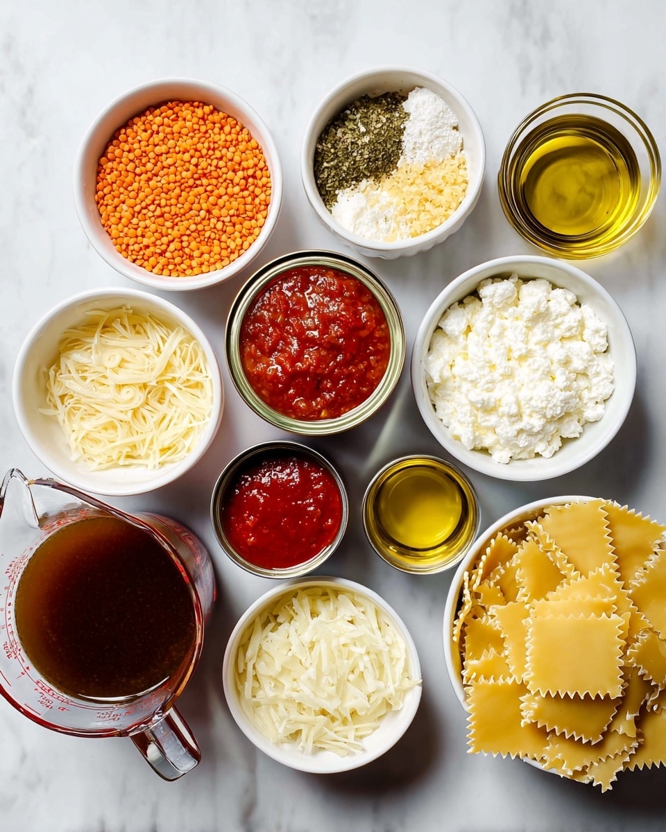 The image shows several white bowls and glass containers placed on a white marbled surface, each holding different ingredients for a recipe. From the top left going clockwise, the first bowl is filled with small round orange lentils, followed by a bowl with a mix of finely chopped garlic and dried herbs, and next a bowl with thin pale yellow cheese shavings. Below that, there is a bowl of white ricotta cheese next to a smaller bowl filled with shredded pale yellow cheese. Two opened cans containing chunky red tomato sauce are placed side by side. A small glass bowl with golden olive oil is near the center, next to a small glass bowl with bright red tomato paste. A white bowl at the bottom center holds chopped white onions, while a larger white bowl contains wavy edged uncooked lasagna pasta sheets. A large glass measuring cup with dark brown broth sits to the left. All items are neatly arranged creating a colorful and organized layout. photo taken with an iphone --ar 4:5 --v 7