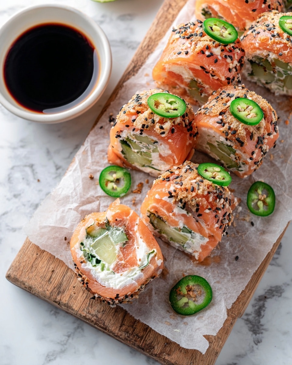 This image shows six sushi rolls with three layers: the outer layer is bright orange salmon wrapped around a middle white cream cheese layer mixed with green cucumber pieces and leafy spinach, and the inside is more salmon and cucumber. The outside of the rolls is sprinkled with white and black sesame seeds and some crunchy bits, with each roll topped with a thin green jalapeño slice. The sushi is placed on parchment paper over a wooden cutting board, next to a round white bowl filled with dark soy sauce. The surface beneath is a white marbled texture. photo taken with an iphone --ar 4:5 --v 7
