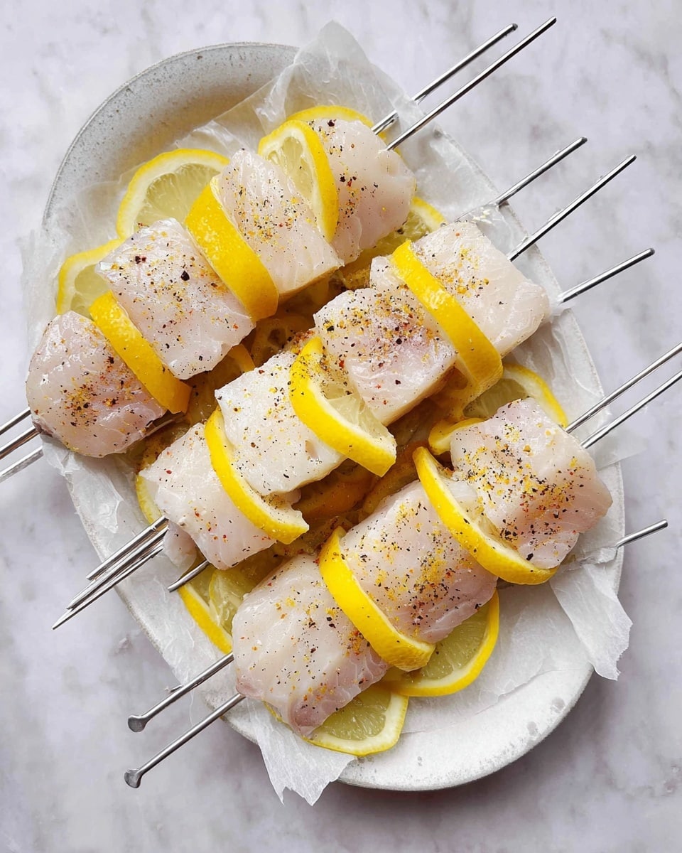 The image shows several metal skewers placed on a white oval plate lined with parchment paper. Each skewer has three large, thick pieces of light pink fish fillet with a slightly translucent texture. Between each piece of fish, there are bright yellow lemon slices curved to fit the fish, adding a pop of color. The fish pieces are sprinkled with coarse black pepper, giving a speckled look. The plate sits on a white marbled surface that adds soft texture to the background. Photo taken with an iphone --ar 4:5 --v 7