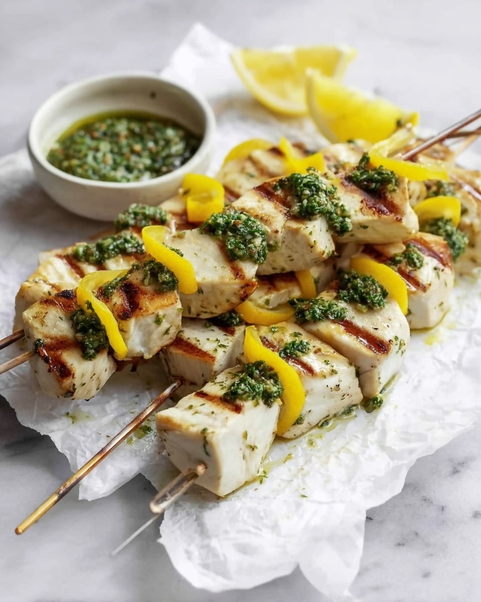 Two metal skewers hold several pieces of grilled white chicken cubes with light brown grill marks, each topped with small dollops of green herb sauce. Between the chicken pieces, there are curled slices of bright yellow lemon. The skewers rest on white parchment paper placed on a white marbled surface. In the background, there is a small round white bowl filled with the same green herb sauce and two lemon wedges. The photo taken with an iphone --ar 4:5 --v 7