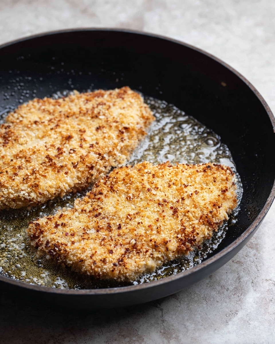 The image shows two pieces of breaded food frying in a black pan. Each piece has a thick outer layer of crumb coating with a rough texture that looks light brown and beige with small darker bits scattered throughout. The pieces lie flat in the pan, which contains some bubbling oil around them, making the edges glisten. The pan rests on a white marbled surface. photo taken with an iphone --ar 4:5 --v 7