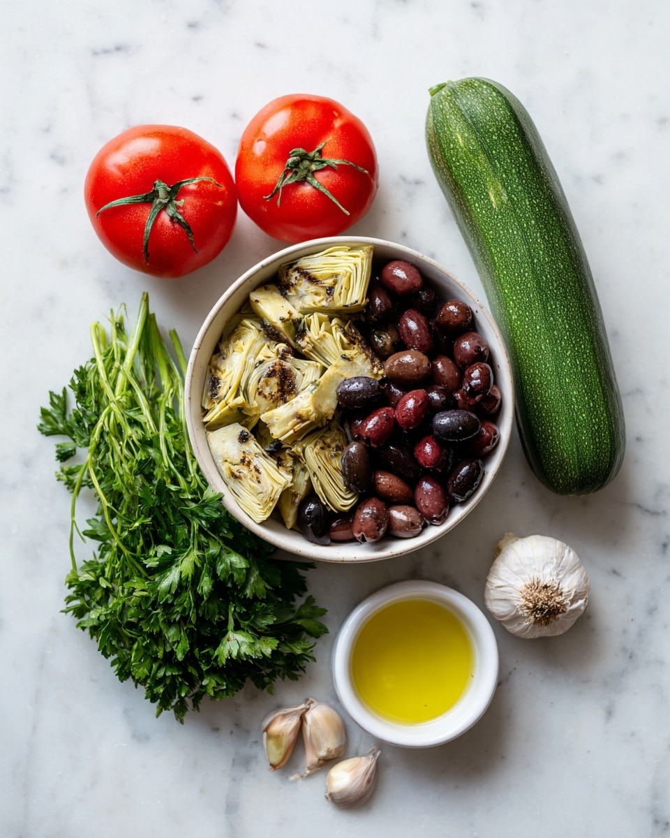 The image shows a white bowl filled with layers of dark purple olives on the upper right side and grilled artichoke pieces with a light yellow color mixed with some brown grill marks below the olives. On the left side of the bowl, there are two fresh red tomatoes with green stems attached, a green zucchini with a smooth texture, and a bunch of fresh parsley with dark green leaves. Below the vegetables, there is a small white bowl filled with olive oil showing a light yellow color. At the bottom of the image, a whole garlic bulb and two separate cloves of garlic with light brown skin rest on the white marbled surface. The whole setup is placed on a white marbled texture background. photo taken with an iphone --ar 4:5 --v 7