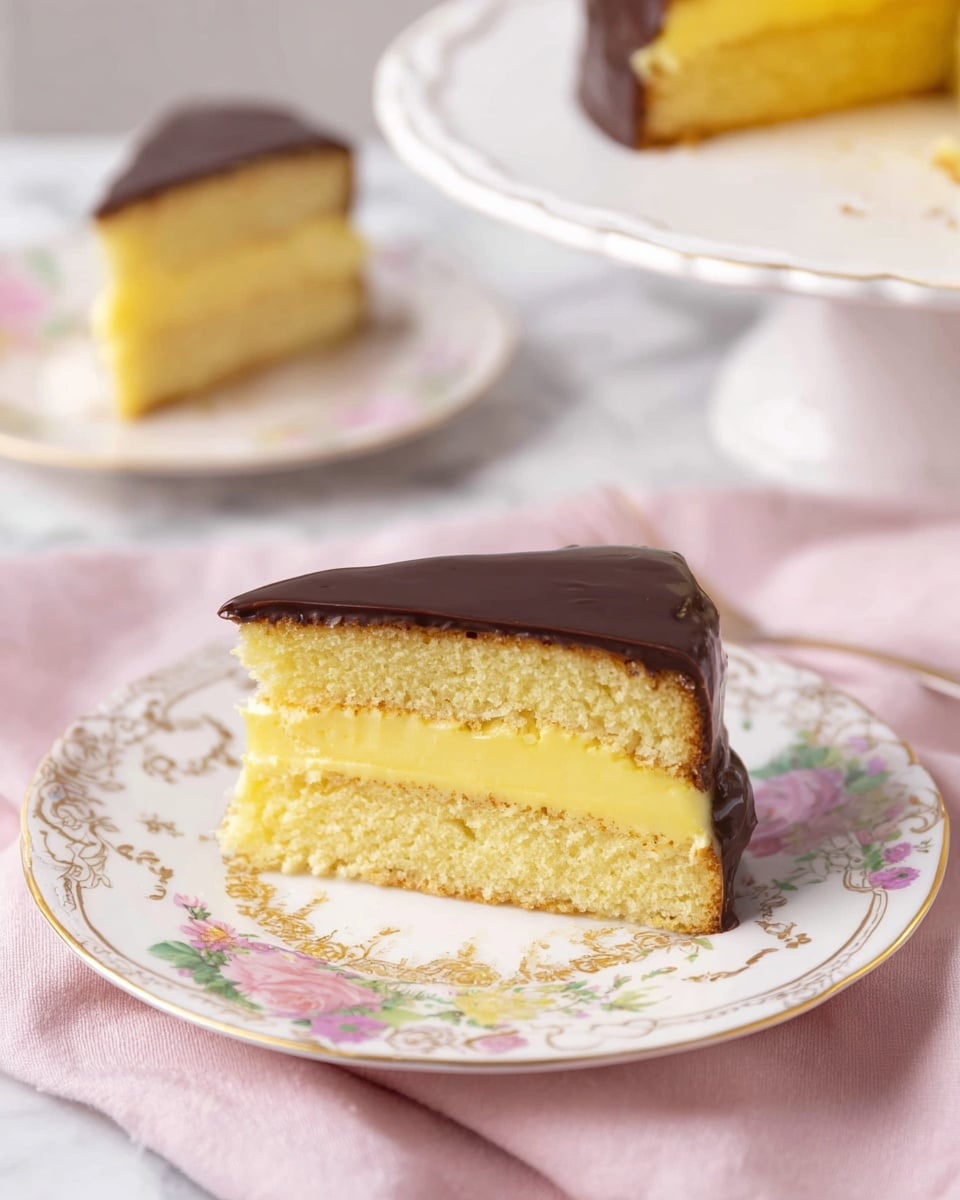 A slice of cake is shown on a white plate with floral and gold designs. The cake has three layers: the bottom and top layers are light yellow sponge cake, and the middle layer is a smooth, thick yellow cream filling. A glossy, dark chocolate layer covers the top of the cake. Another slice of the same cake is visible in the background on a similar white plate. The setting has a soft pink cloth and a white marbled surface. photo taken with an iphone --ar 4:5 --v 7