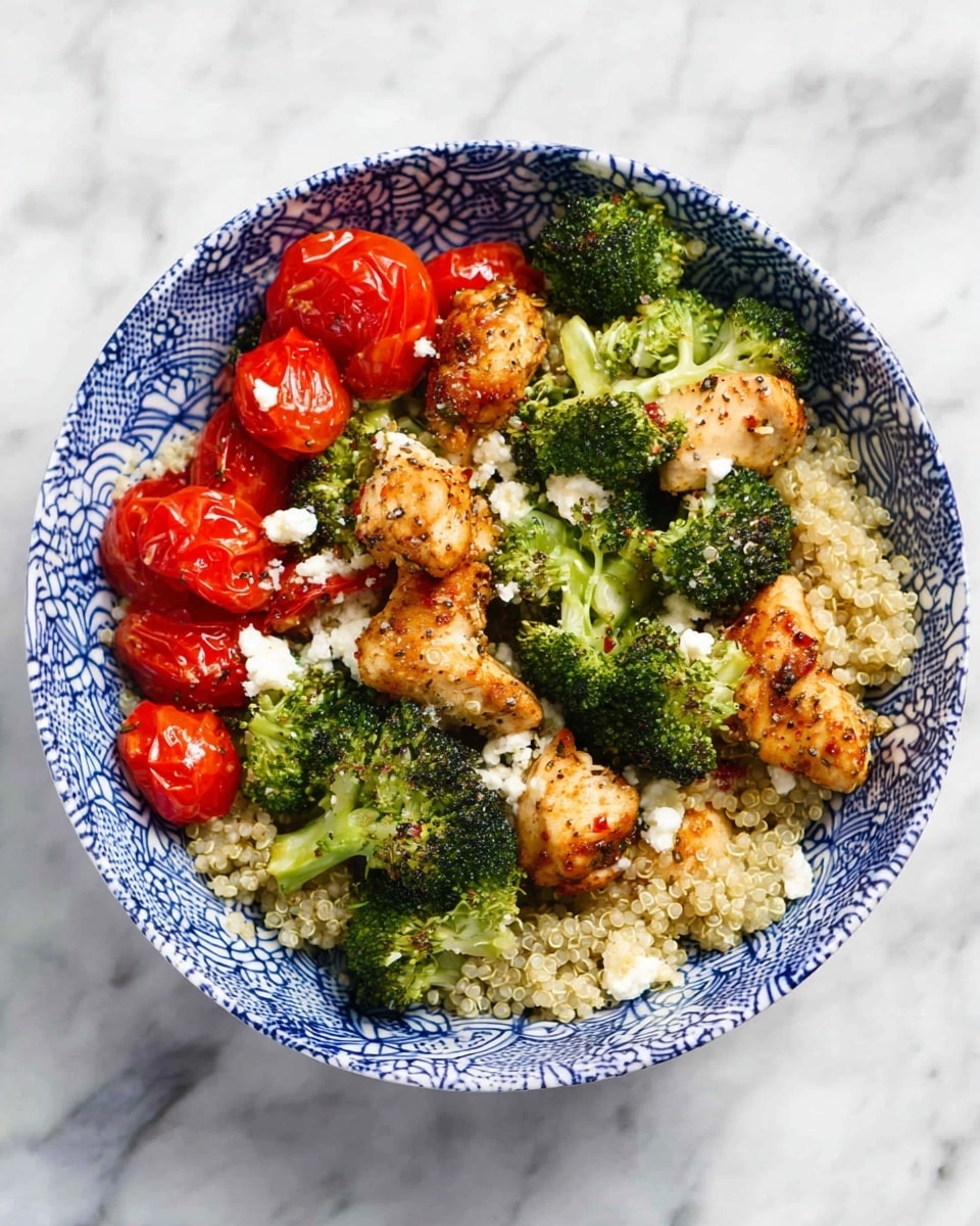 A bowl with three main layers sits on a white marbled texture. The bottom layer is light beige cooked quinoa that fills most of the bowl with a soft, grainy texture. The middle layer is bright green broccoli florets, some with slight browning from cooking, distributed evenly on top of the quinoa. Scattered over the broccoli and quinoa are small, tender pieces of golden-brown seasoned chicken with hints of black pepper on their smooth surface. The top layer has red roasted cherry tomatoes, some whole and some slightly burst, adding a glossy, juicy look. Small white chunks of soft cheese are sprinkled on all layers, creating a fresh contrast. The bowl itself is white ceramic with a blue floral wave pattern inside. photo taken with an iphone --ar 4:5 --v 7