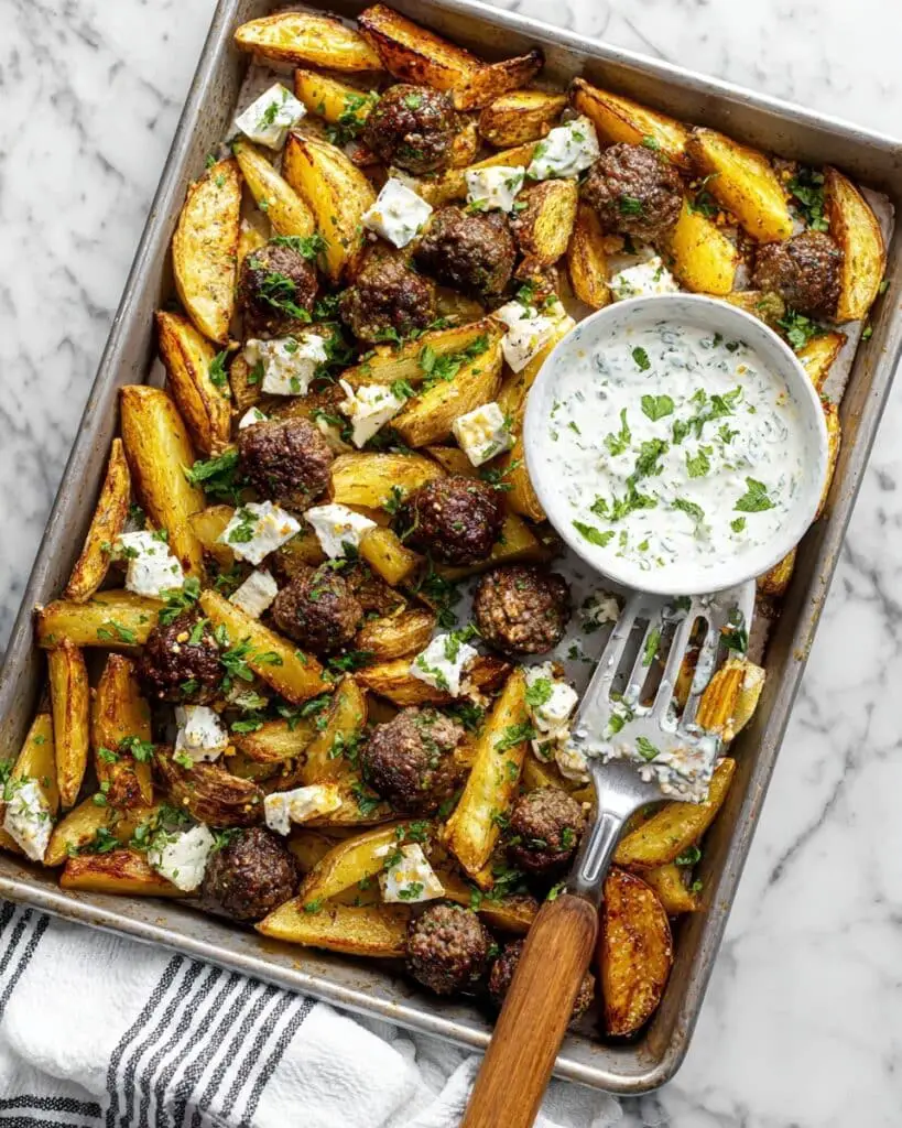 Sheet Pan Greek Meatballs with Potatoes and Lemon Herb Yogurt Sauce Recipe
