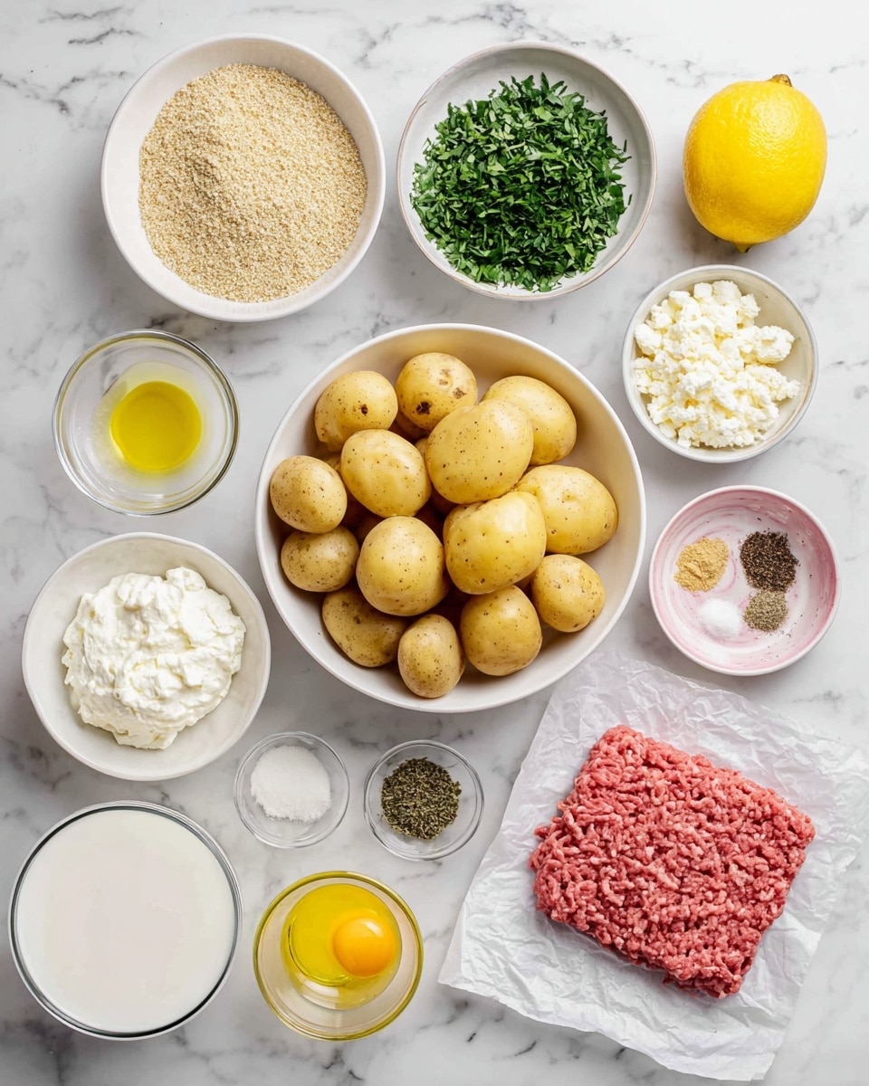 The image shows ingredients arranged neatly on a white marbled surface. In the center is a white bowl filled with small yellow potatoes. To the right, there is raw ground meat laid out on white paper. Above that is a white bowl with chopped green herbs. Next to it, on the left, is a white plate holding crumbled white cheese. Above that is a small bowl of yellow oil. To the left of the oil is a white bowl filled with light brown breadcrumbs. Above that is a whole yellow lemon. On the left side of the image, there is a white bowl with thick white cream, a pink bowl with minced garlic, and a round white plate with small piles of spices including black pepper, garlic powder, and dried herbs. Below that, a clear glass measures some milk, and next to it is a small bowl with beaten eggs showing a yellow, uneven texture. Photo taken with an iphone --ar 4:5 --v 7
