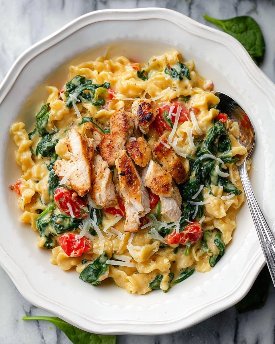 A white bowl with a scalloped edge holds a creamy pasta dish. The base layer is light yellow pasta mixed with wilted dark green spinach leaves. Scattered throughout are bright red tomato pieces adding color contrast. On top, there are slices of golden brown cooked chicken placed across the pasta. Light shavings of white grated cheese are sprinkled over the dish, melting slightly into the creamy sauce. To the right inside the bowl, a silver spoon rests partly in the food. The bowl sits on a white marbled surface with some green leaves slightly visible around it. photo taken with an iphone --ar 4:5 --v 7