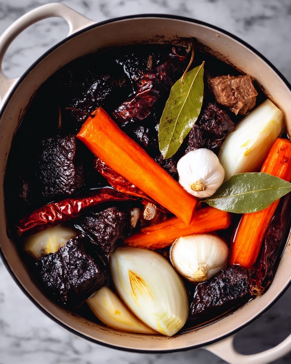 A white pot filled with a mix of dark dried chilies around the edges, with bright orange carrot sticks layered across the middle. There are thick white onion slices and a whole garlic bulb near the top center. Brown browned meat pieces are scattered within, alongside two pale green bay leaves resting on the right side. The background surface is a white marbled texture. Photo taken with an iphone --ar 4:5 --v 7