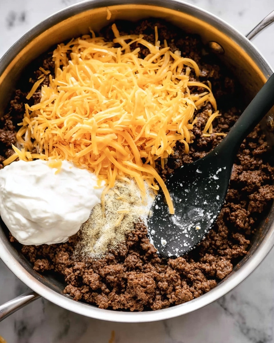 A close-up view of a metal cooking pan filled with cooked ground beef forming the base layer, which is dark brown and crumbly in texture. On top of the beef in the left section, there is a bright orange shredded cheese layer, loosely piled. Next to the cheese, slightly overlapping, is a dollop of white sour cream with a smooth, soft texture. Some light beige powdered ingredients are sprinkled around the sour cream. A black cooking spoon with visible water droplets on its surface lies on the right side inside the pan, partially resting on the beef layer. The pan sits on a white marbled surface. Photo taken with an iphone --ar 4:5 --v 7