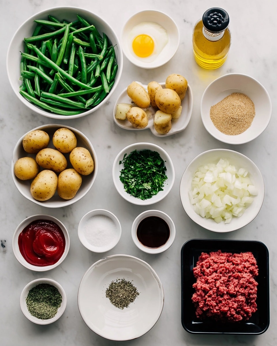 A white bowl filled with fresh green beans sits at the top left, next to a larger white bowl full of halved baby potatoes. Nearby are several small white bowls holding different ingredients: one with light brown panko breadcrumbs, one with a raw egg, one with finely chopped green parsley, one filled with white grated onion, and another with milk. Small white plates contain seasonings like salt, black pepper, and a mix of dried herbs. There is a white bowl with bright red tomato paste and a small white dish with dark red ketchup. A black tray with ground beef is placed near a small black container labeled Worcestershire sauce, and a clear bottle of golden oil stands on the right. All these items rest on a white marbled surface, arranged neatly for cooking. photo taken with an iphone --ar 4:5 --v 7