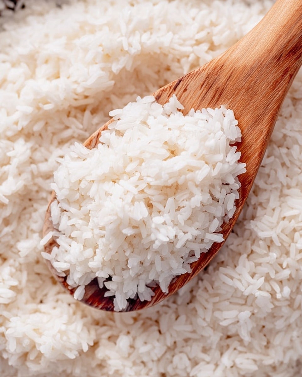 The image shows a close-up of a wooden spoon scooping a pile of white cooked rice. The rice grains are soft and fluffy with a slightly shiny texture. The wooden spoon has a smooth finish with light brown and darker brown wood patterns. The rice fills the entire frame, creating a dense, textured background behind the spoon. The photo has a simple, clean look with no other items visible. Photo taken with an iphone --ar 4:5 --v 7