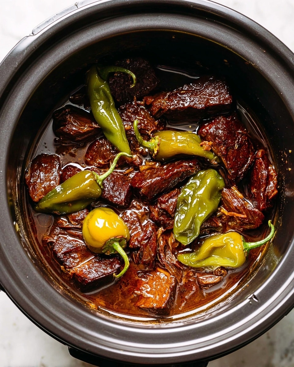 Inside a black cooker pot, large dark brown pieces of cooked meat are layered unevenly, shiny with a thick brown sauce that pools slightly at the bottom. Scattered on top and among the meat chunks are bright green pickled peppers with smooth wet skin and visible stems. The overall look is rich and glossy with the contrast between deep brown meat and vibrant green peppers. The black cooker pot sits on a white marbled surface. photo taken with an iphone --ar 4:5 --v 7