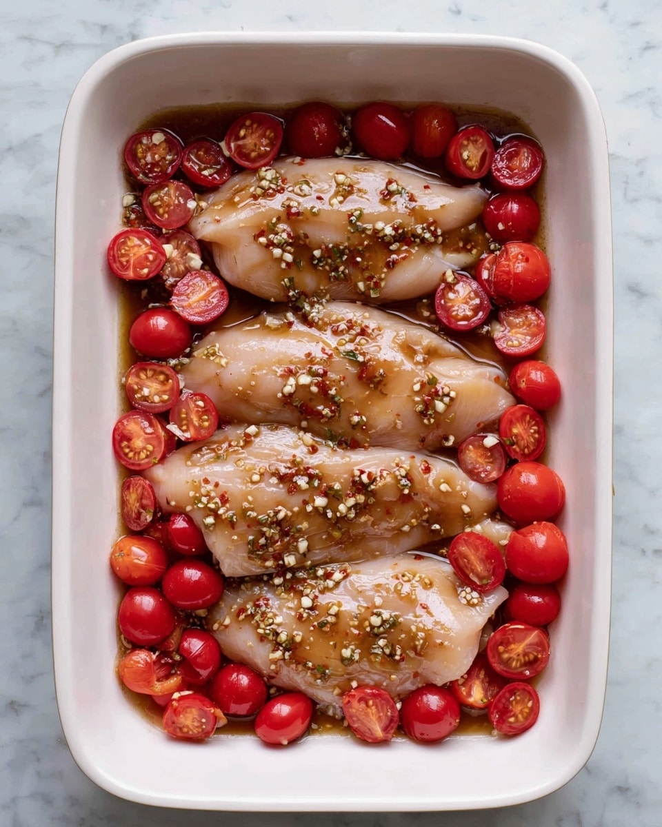 A white baking dish holds four raw chicken fillets arranged in two rows, each fillet covered with a brown marinade that has visible small pieces of chopped garlic and herbs. Surrounding the chicken fillets are many bright red grape tomatoes, some whole and some sliced in halves, scattered around the edges of the dish. The dish sits on a white marbled surface. Photo taken with an iphone --ar 4:5 --v 7