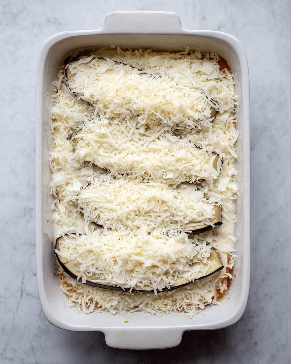 In a rectangular white baking dish on a white marbled surface, there is one layer of shredded white cheese covering a base beneath. On top, there are three elongated slices of pale, thin eggplant with dark edges spread out, slightly overlapping, and covered thinly with more shredded white cheese. The cheese is scattered generously across the whole top layer, with small bits peeking from under the eggplant slices. photo taken with an iphone --ar 4:5 --v 7