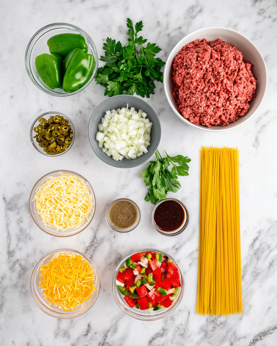 The image shows an overhead view of various cooking ingredients placed neatly on a white marbled surface. On the top right, there is a white bowl filled with ground meat. To its left, a glass bowl contains chopped green bell peppers. Below the ground meat, there is a gray bowl with chopped white onions. Next to it, a small bowl holds green chili peppers in a dark sauce. In the center, fresh green parsley leaves are laid out as decoration. Surrounding these main items are several smaller white bowls with different spices, shredded yellow cheese, shredded mozzarella cheese, and diced tomatoes mixed with peppers. On the bottom right, there is a bunch of uncooked spaghetti strands. The colors are vivid with reds, greens, yellows, and the white marbled background helps the ingredients stand out clearly. photo taken with an iphone --ar 4:5 --v 7