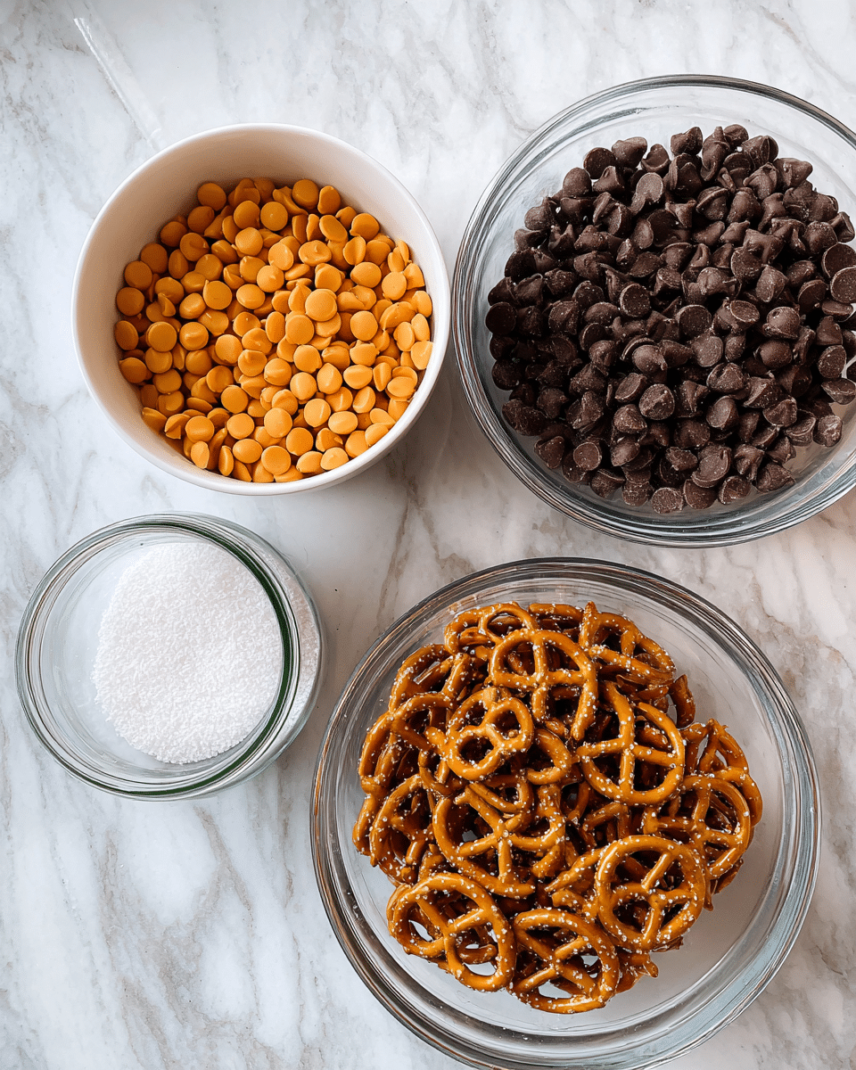 The image shows three bowls on a white marbled surface, each filled with a different ingredient. The first bowl on the left is white and filled with small, round, orange-colored butterscotch chips. The second bowl in the center is clear glass and filled with small, dark brown chocolate chips. The third bowl on the right is also clear glass and filled with golden brown pretzels sprinkled with coarse salt. In the bottom left corner, there is a small clear glass jar containing white coarse salt with its lid open. The overall setting is neatly arranged with natural light highlighting the textures and colors of the ingredients, photo taken with an iphone --ar 4:5 --v 7