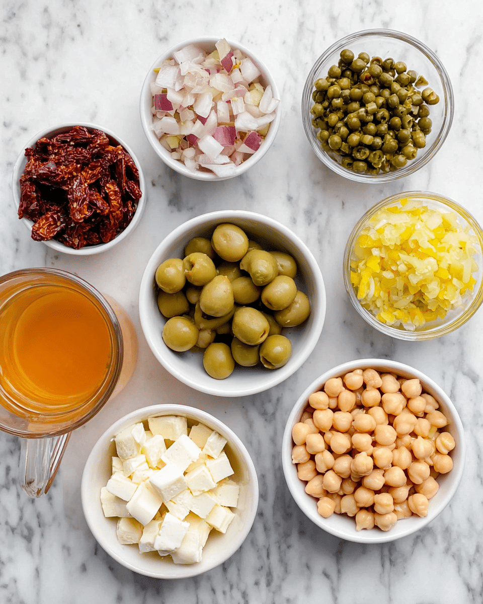 The image shows seven small white bowls arranged on a white marbled surface, each filled with different ingredients. One bowl contains light beige chickpeas, filling the bowl fully and placed on the bottom right. Above it is a bowl with small green capers. At the center is a bowl of sliced green olives with visible pits inside. To the left of the olives is a bowl of dark red sun-dried tomatoes with a rough texture. Above the olives is a bowl of white cheese cubes with an uneven surface. Next to the cheese is a bowl with yellow chopped pickled vegetables. In the upper left, a bowl with finely chopped shallots, pale pink and white in color. On the bottom left corner, a transparent glass mug holds a golden orange liquid. Photo taken with an iphone --ar 4:5 --v 7