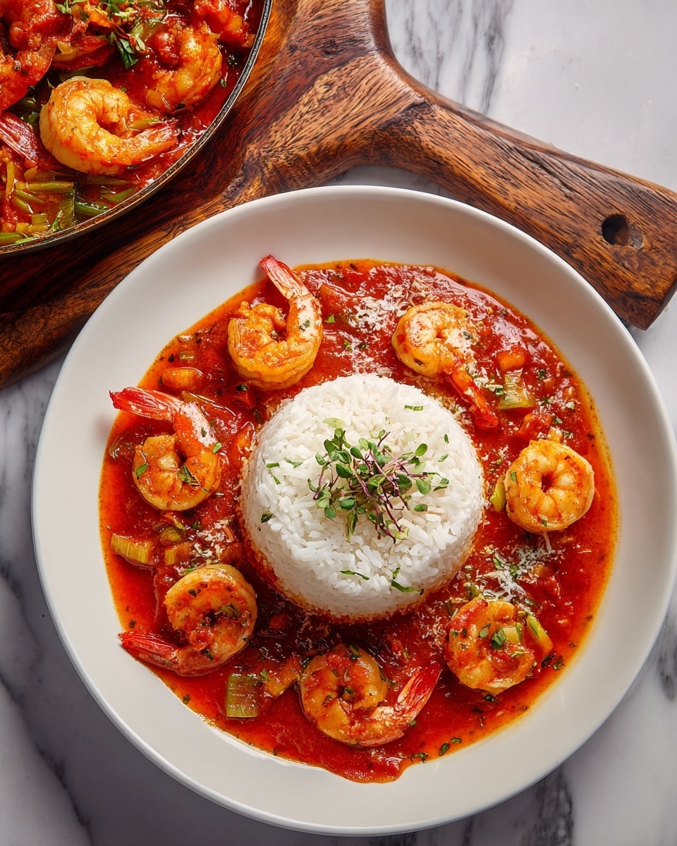 The dish is served on a white plate with a mound of white rice in the center, surrounded by a thick, bright red sauce with pieces of celery and whole shrimp placed evenly around the rice. The sauce has a chunky texture with visible vegetables, and the shrimp are orange-pink and curved. The dish is garnished with small green herbs scattered on top. The plate is placed on a white marbled surface next to a wooden board with a curved tool and a pan containing more shrimp in the same red sauce photo taken with an iphone --ar 4:5 --v 7