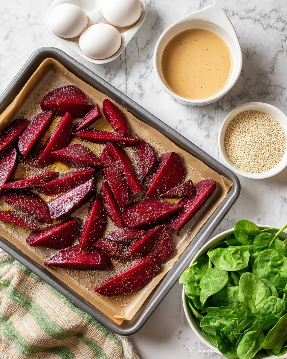 A baking tray lined with parchment paper holds three layers of deep red beet wedges evenly spread and coated with oil and black pepper seasoning, giving them a shiny and textured look. To the top left, there are two white eggs resting on a white egg holder beside a white bowl filled with creamy light brown sauce and another white bowl filled with small, pale sesame seeds. To the top right, a white bowl is full of fresh, vibrant green baby spinach leaves with a soft, smooth texture. The whole scene is set on a white marbled surface with a beige and green striped cloth in the bottom left corner. Photo taken with an iphone --ar 4:5 --v 7