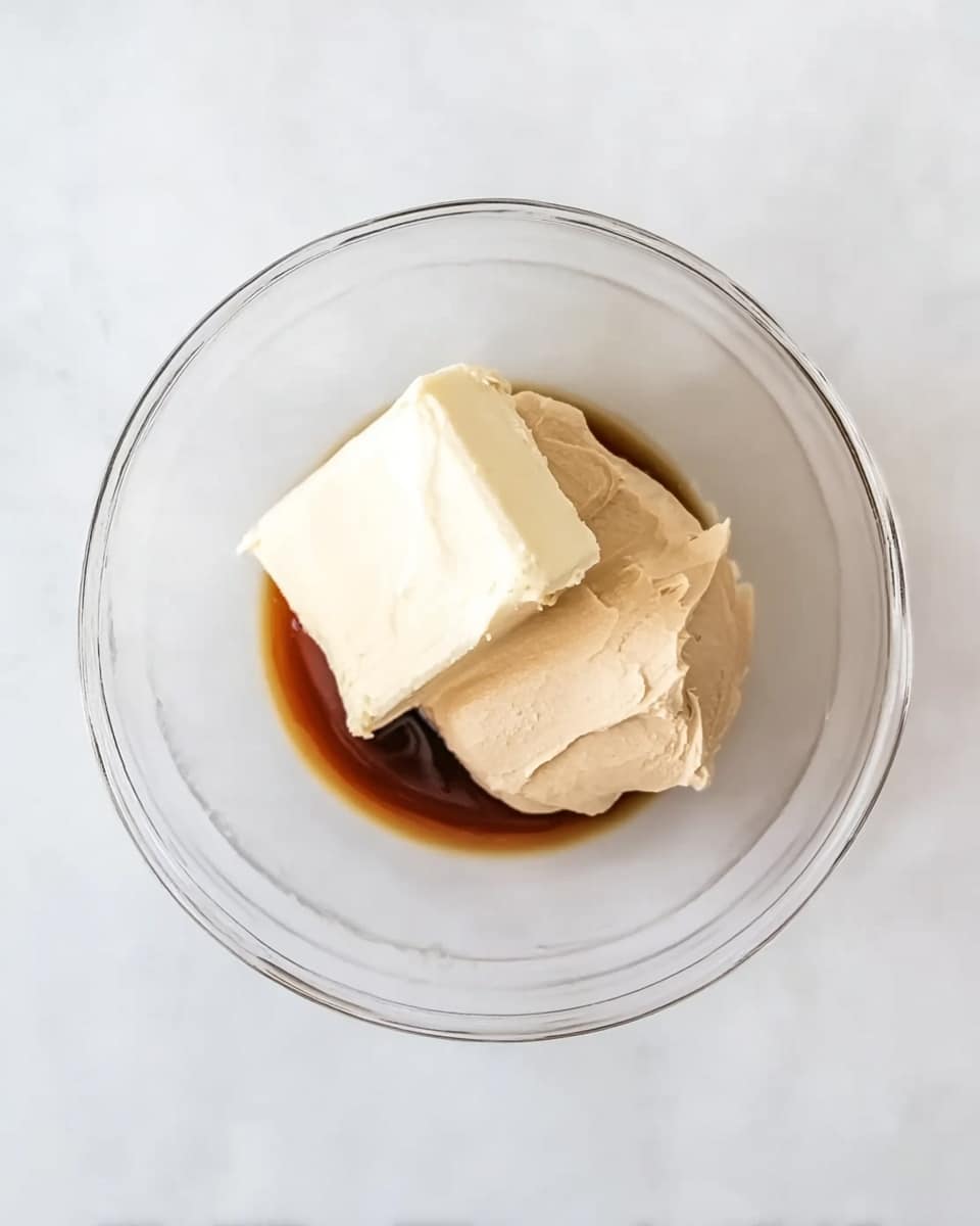 The image shows a clear glass bowl on a white marbled surface with two dollops of thick ingredients in the middle. One dollop is creamy white and rectangular, while the other is beige and slightly rounded, resting partly on the white dollop. Below them, there is a small amount of dark brown liquid that pools slightly around the base. The inside of the bowl is clean and smooth, creating a simple and clear view of the different textures and colors of the ingredients. Photo taken with an iphone --ar 4:5 --v 7