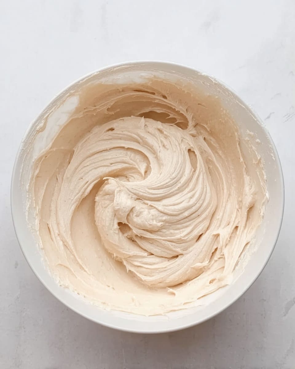 A clear white bowl filled with a smooth, creamy light beige mixture that looks soft and thick. The surface of the mixture is swirled and slightly textured with some peaks and soft folds, showing it has been stirred well. The bowl sits on a white marbled surface, adding a clean and bright background contrast to the creamy mixture. Photo taken with an iphone --ar 4:5 --v 7