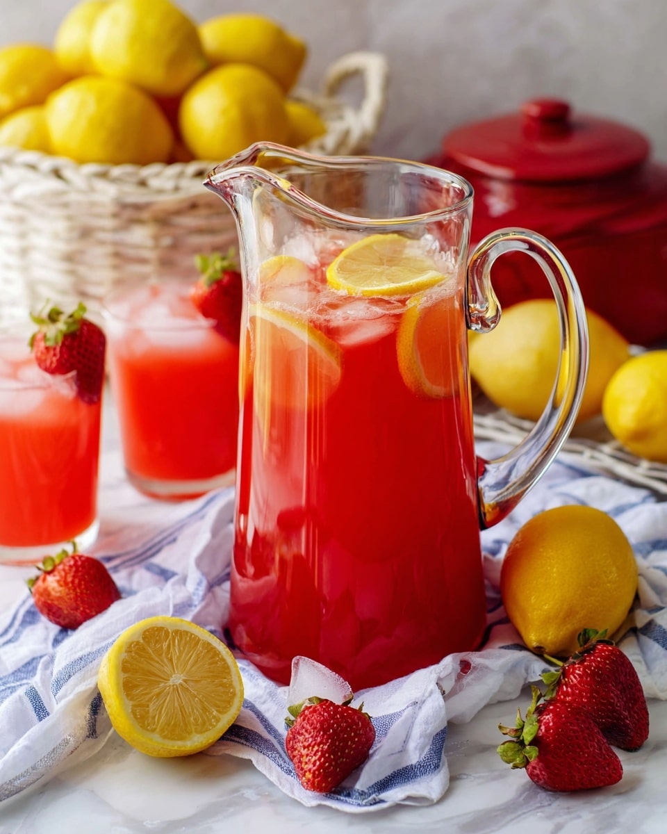 A tall clear glass pitcher filled with bright red drink, with floating thin yellow lemon slices on top, standing on a white marbled surface. Around the pitcher are fresh whole lemons and red strawberries scattered. In the background, there are two clear glasses filled with the same red drink and ice, each glass garnished with a whole strawberry on the rim. A white woven basket with fresh lemons and a red container with strawberries are also visible behind the pitcher. A white cloth with blue stripes lies in front of the pitcher. Photo taken with an iphone --ar 4:5 --v 7