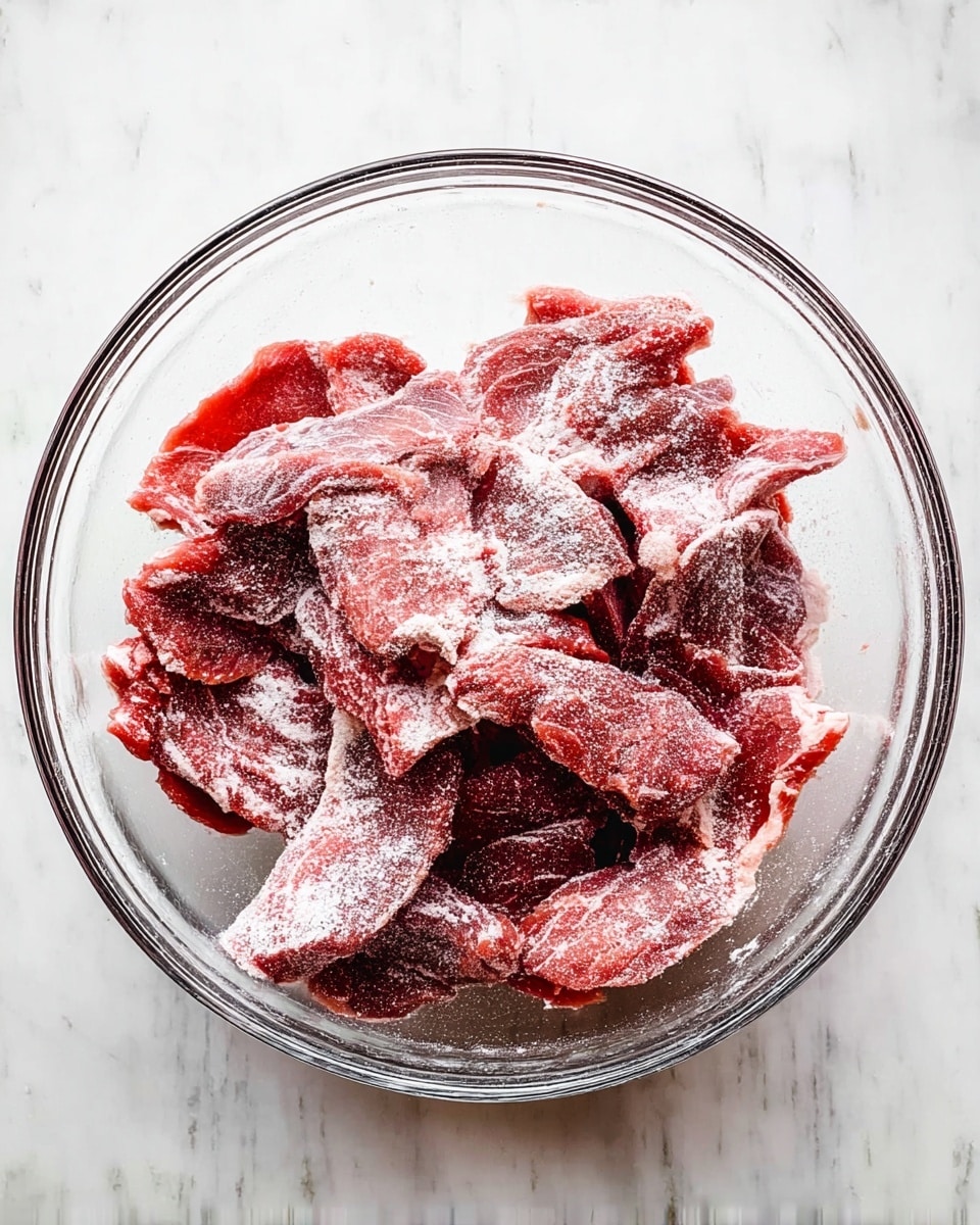 A clear glass bowl sits on a white marbled surface, filled with many pieces of red raw meat. The meat pieces are thinly sliced and have a light dusting of white flour unevenly spread over them. The texture of the meat is fresh and slightly shiny, with the flour adding a soft powdery look. The arrangement is loose, with meat pieces overlapping each other in the bowl. The background is plain and clean, highlighting the raw meat inside the glass bowl. photo taken with an iphone --ar 4:5 --v 7
