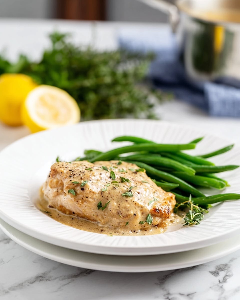 A white round plate with two layers is shown on a white marbled surface. The bottom layer is a slightly larger white plate, and on top is a smaller white plate with ridged edges. On the smaller plate, there is one piece of cooked chicken that is light brown with a creamy sauce sprinkled with green herbs and cracked black pepper. To the right of the chicken, there is a small bunch of bright green cooked green beans with light seasoning. In the background, out of focus, there is a pot, a bunch of green herbs, and half a lemon. Photo taken with an iphone --ar 4:5 --v 7