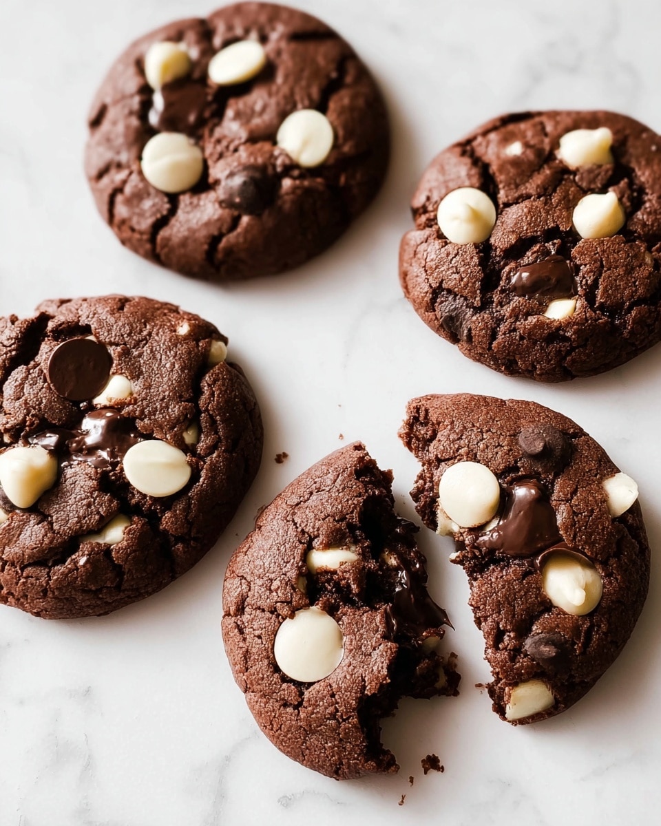 Five dark brown chocolate cookies are placed close together on a white marbled surface, each cookie showing a thick, soft texture. The cookies have large white and dark chocolate chips embedded on top, scattered with smooth, shiny, and rounded shapes. Some white almond slices peek through the chocolate dough, adding texture and a light color contrast. The cookies are evenly spaced and arranged in a slight curve on the surface. photo taken with an iphone --ar 4:5 --v 7