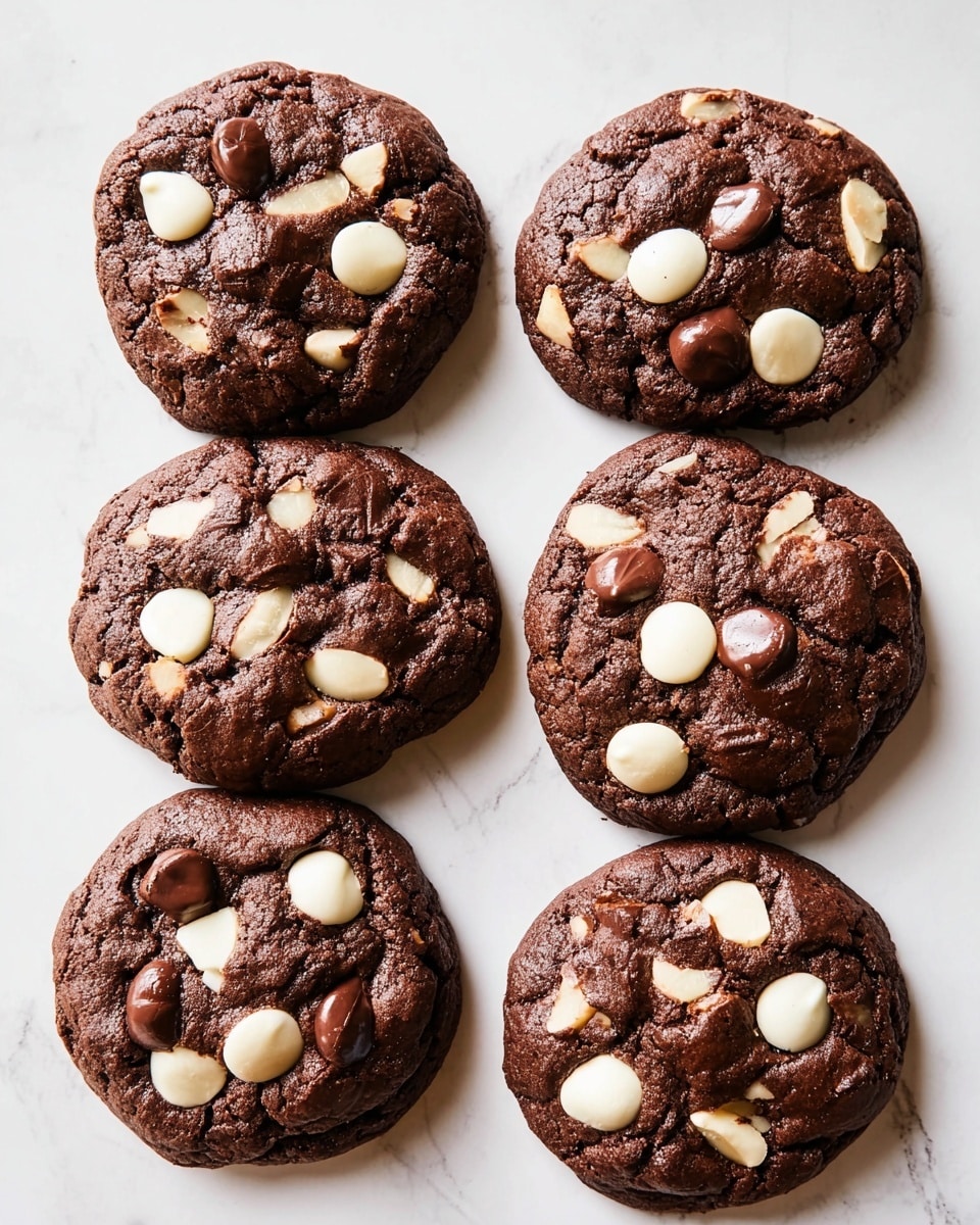 This image shows several dark brown chocolate cookies with a rough texture on a white marbled surface. Each cookie has about five to six large chocolate chips mixed with white chocolate chips embedded on top. The chips are glossy and smooth, contrasting with the cracked surface of the cookies. The cookies are close together, filling the frame in a casual arrangement. The lighting is bright, showing the shiny spots on the chocolate chips clearly. photo taken with an iphone --ar 4:5 --v 7
