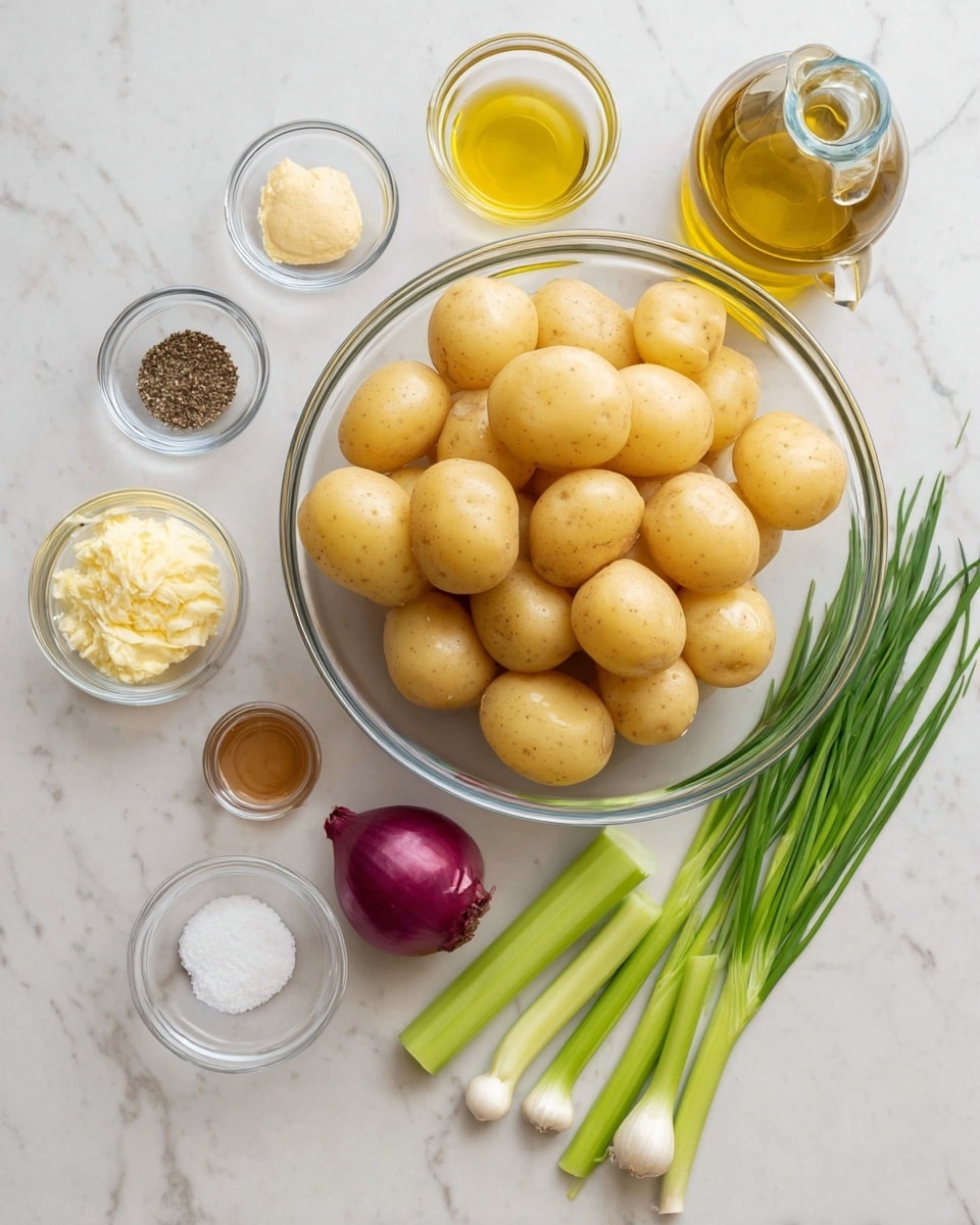 A clear glass bowl filled with a pile of light yellow baby potatoes sits in the center on a white marbled surface. Around the bowl are small clear glass containers holding different ingredients: coarse black pepper, a creamy yellow mustard, white coconut oil, salt, and a light brown vinegar. To the right of the bowl, green chives are laid beside three pale green celery stalks and a small purple onion. Behind the celery, there is a clear glass bottle filled with golden olive oil. The photo looks bright and clean, photo taken with an iphone --ar 4:5 --v 7