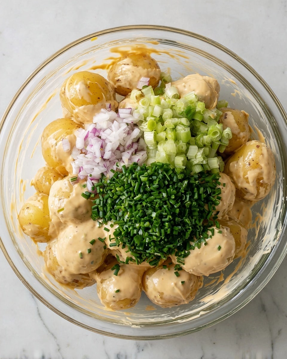 A clear glass bowl sits on a white marbled surface, filled with small yellow potatoes coated in a creamy beige sauce. On top of the potatoes, there are three piles of chopped vegetables: light purple finely chopped shallots on the left, pale green chopped celery in the middle, and dark green chopped chives on the right. The layers show the smooth, creamy texture of the sauce over the round, slightly firm potatoes, with the fresh, crisp textures of the vegetables sitting visibly on top, ready to be mixed in. Photo taken with an iphone --ar 4:5 --v 7