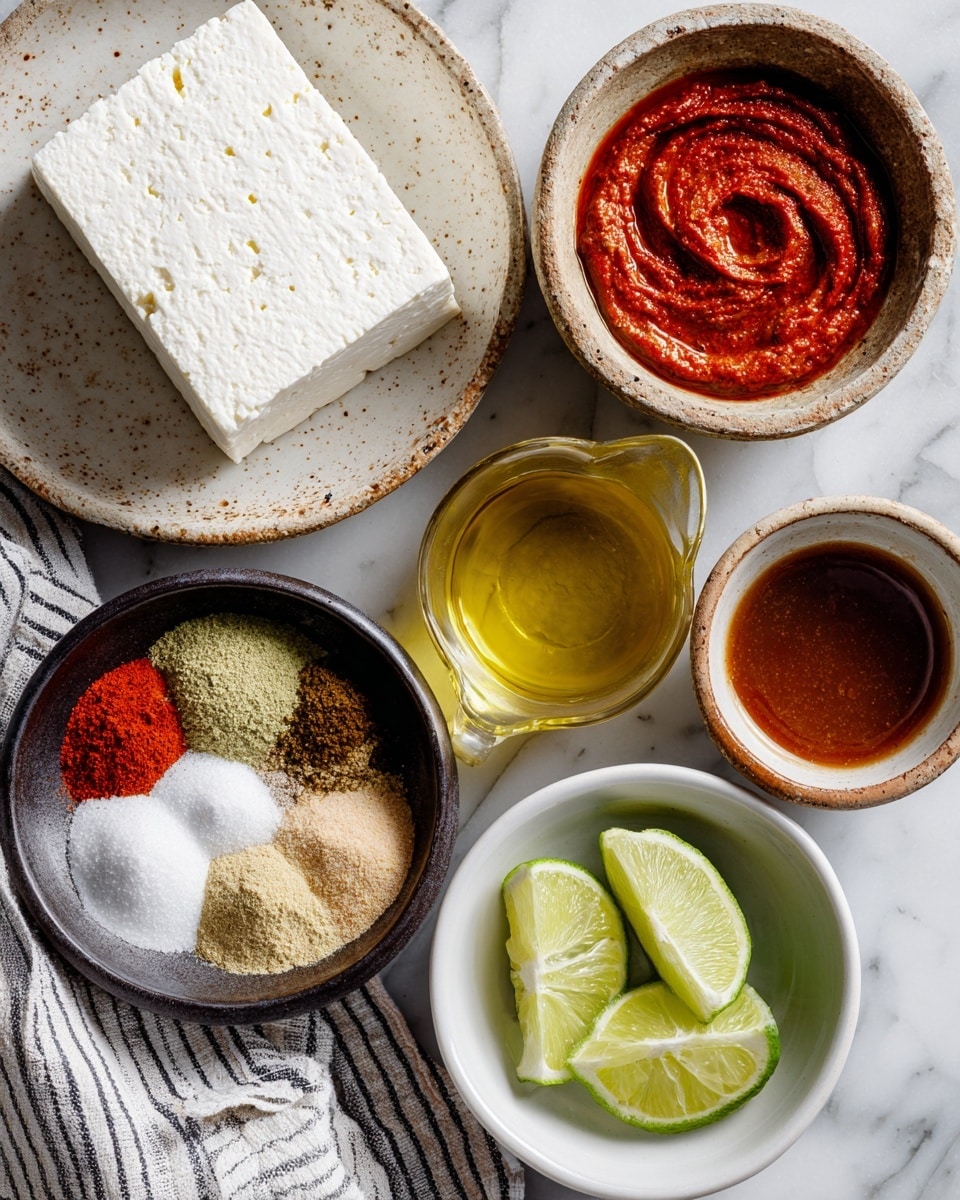 A flat block of white super firm tofu sits on a white speckled plate at the top left. To its right, a rustic bowl holds thick red tomato paste with a textured swirl. Below that, a small pouring vessel filled with golden oil is centered. At the bottom left, a dark bowl contains five layers of dry seasonings in different colors: white salt, bright red paprika, light brown and beige powders, and another greenish powder. At the right, a white bowl holds four bright green lime wedges arranged neatly. Lastly, at the bottom right, a white bowl contains reddish-brown adobo sauce with a smooth surface. All bowls are placed on a white marbled surface with a striped cloth peeking in on the bottom left. photo taken with an iphone --ar 4:5 --v 7