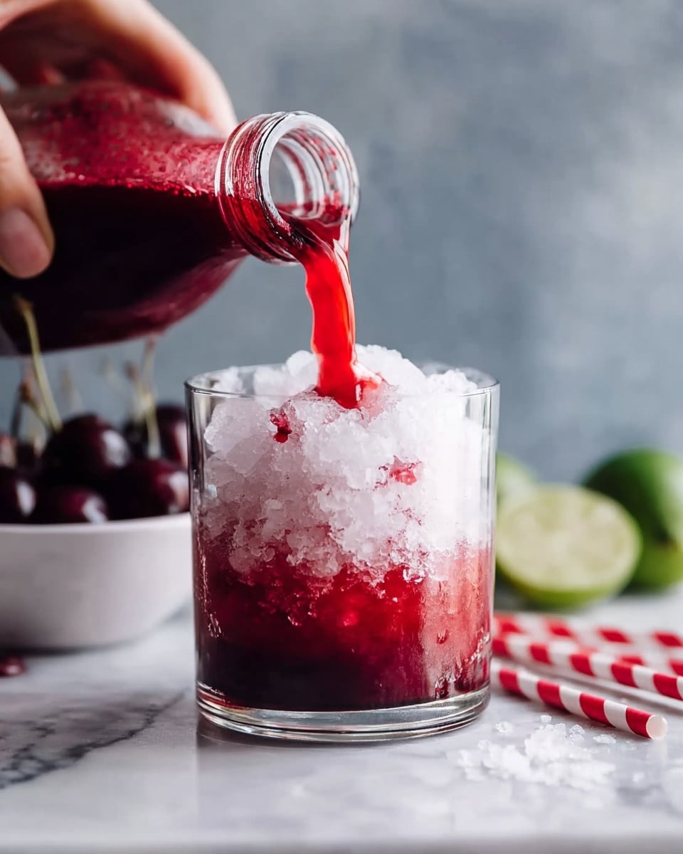 A clear glass is filled with crushed ice, almost to the top, showing its rough texture and sparkling white color. A woman's hand pours a bright red liquid from a small glass bottle over the ice, creating a dramatic splash of the thick red liquid against the white ice. The background is blurred but includes a white bowl, lime wedges, and dark purple grapes on a white marbled surface, adding subtle color accents. Nearby, there are two red and white striped straws lying flat on the white marbled surface. photo taken with an iphone --ar 4:5 --v 7