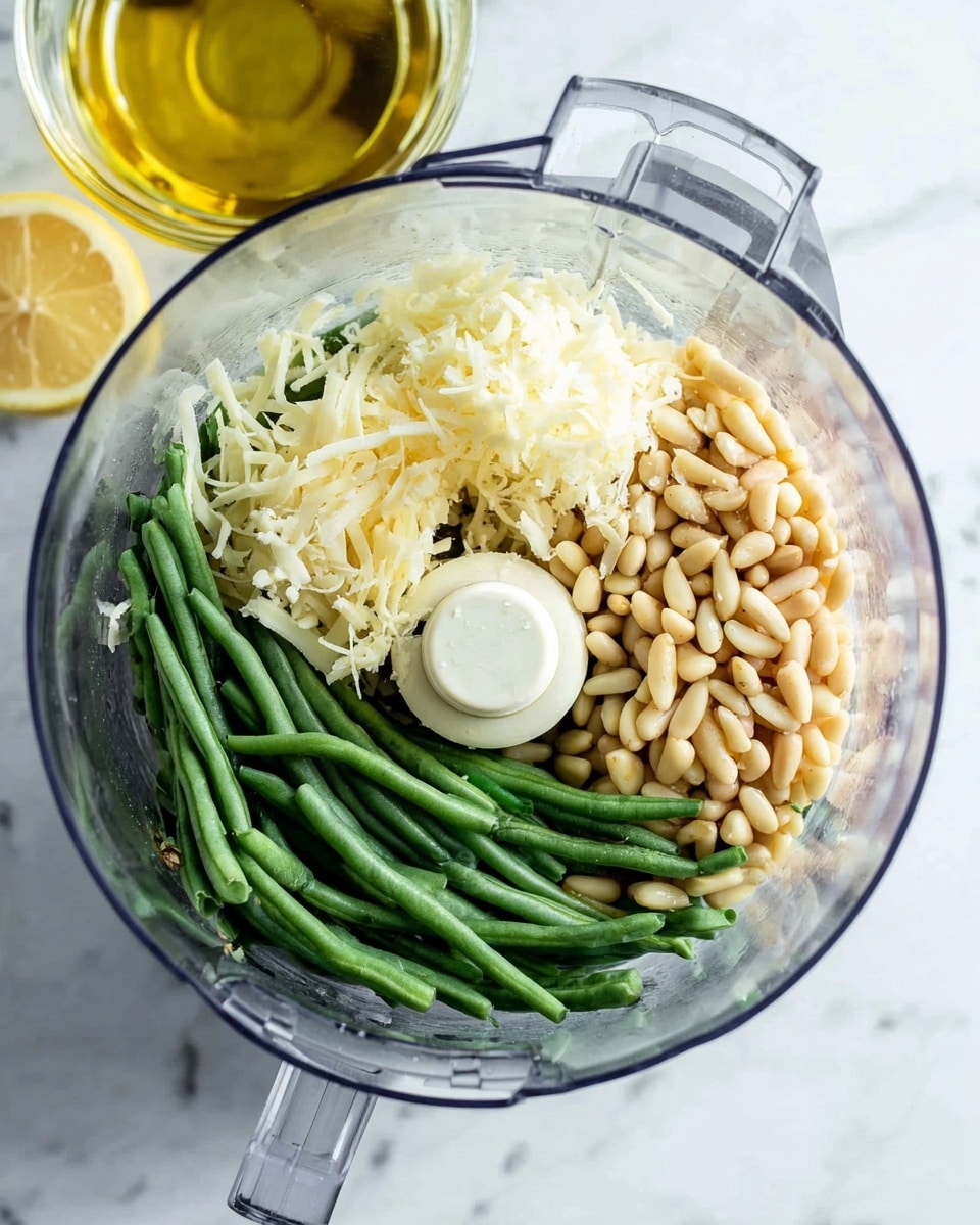 A clear food processor bowl shows three layers inside: the bottom layer is a circle of long, fresh green beans arranged neatly, the middle right section has a pile of light tan pine nuts, and the middle left section has shredded pale yellow cheese. The food processor sits on a white marbled surface with a glass of golden olive oil and a half lemon slice in the background. photo taken with an iphone --ar 4:5 --v 7