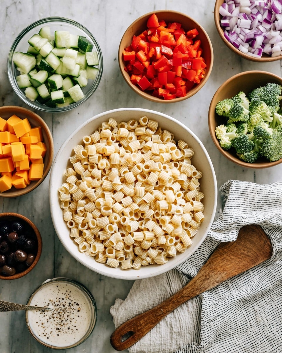 A large white bowl filled with small tube-shaped pasta sits at the bottom center of the image. Surrounding the bowl are small white and terracotta bowls filled with various chopped vegetables: green cucumber pieces in a dark clear bowl above center, bright red diced bell peppers in a white bowl to the right, green broccoli florets to the far right, chopped purple onion in a terracotta bowl to the left, and orange cubes of cheese in a terracotta bowl below the onions. A dark can with black sliced olives in brine is between the cucumber and onion bowls. A wooden spoon lies to the bottom right on a white marbled surface, next to a white cloth with black stripes. A small bowl containing white sauce with black pepper flecks is at the bottom left. photo taken with an iphone --ar 4:5 --v 7