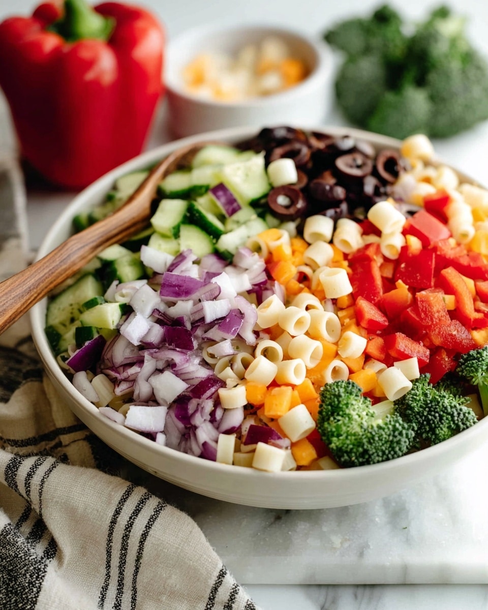 A white bowl filled with a colorful salad, showing three main layers: the bottom layer is small pasta tubes, the middle layer is diced orange and white cheese cubes, and the top layer is a mix of diced red bell peppers, cucumbers, black olives, and red onions scattered all around with some broccoli florets placed on one side near the edge of the bowl. A wooden spoon rests inside the bowl on the left side. In the background, there is a large red bell pepper and a white bowl partially visible, all placed on a white marbled surface with a white cloth accented with black and beige stripes near the bowl. photo taken with an iphone --ar 4:5 --v 7