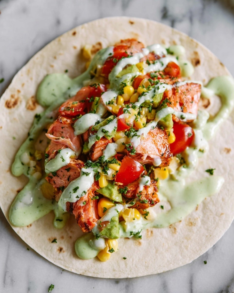Two soft white tortillas folded in half sit on a round white plate, each filled with layers of orange shredded salmon, bright yellow corn kernels, red diced tomatoes, and fresh green cilantro leaves. On top, there is a light green creamy sauce drizzled unevenly over the fillings. To the side of the plate, there are three lime wedges with a fresh bright green color. The plate is placed on a white marbled textured surface with a blurred white bowl full of cooked salmon pieces visible in the background. photo taken with an iphone --ar 4:5 --v 7