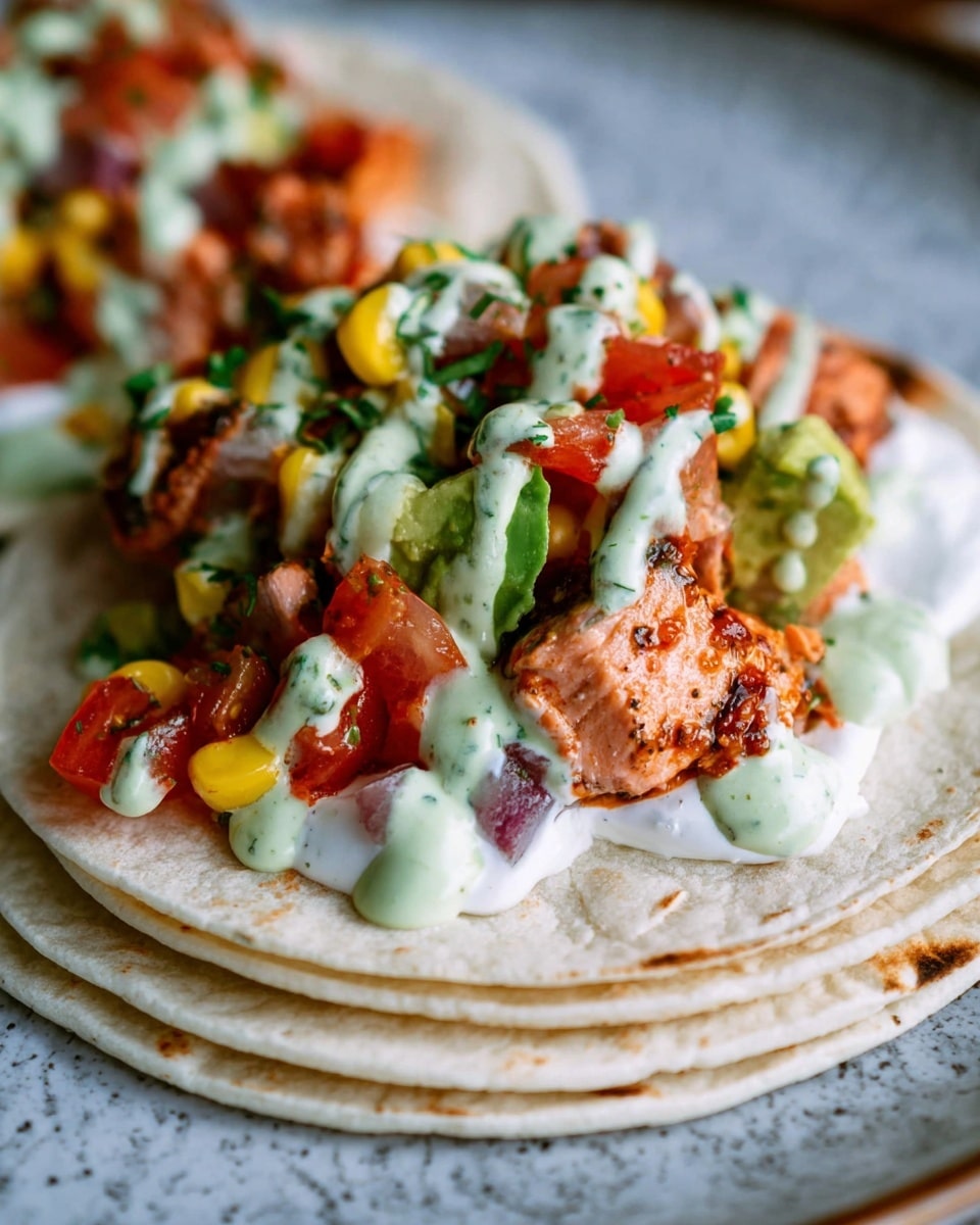 A close-up of a taco with three soft white tortillas stacked at the bottom. On top of the tortillas is a layer of thick white sauce, followed by chunks of seasoned pinkish-orange cooked fish. Above the fish is a colorful mix of chopped red tomatoes, yellow corn, green avocado, and deep red onion pieces. A light green creamy sauce is drizzled over the top, flowing down the layers. The dish is on a white marbled surface, with part of a white plate visible underneath. photo taken with an iphone --ar 4:5 --v 7