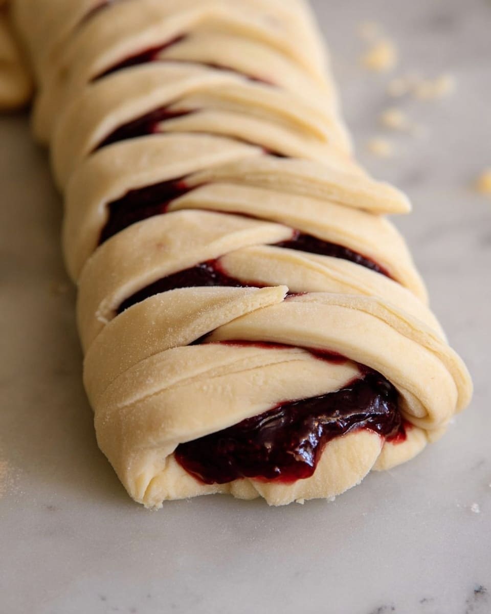 A close-up shot of a twisted pastry with three visible layers: a light beige dough base on the bottom, a thick dark red jam layer in the middle, and overlapping strips of light beige dough woven on top, creating a braided pattern. The pastry is placed on a white marbled surface with a few small dough crumbs scattered nearby. The dough looks soft and slightly textured, while the jam appears glossy and smooth, peeking through the braided dough strands. Photo taken with an iphone --ar 4:5 --v 7