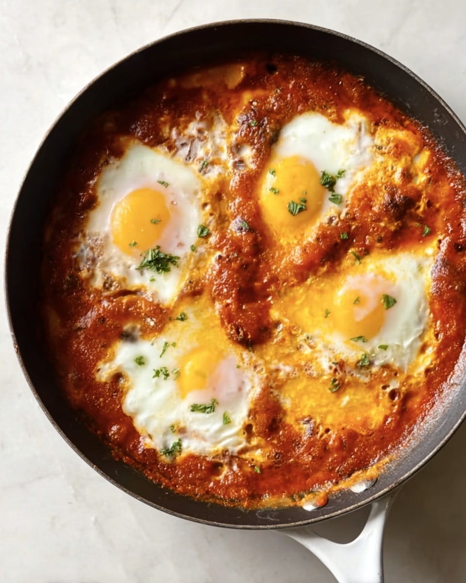 A black skillet with a white handle holds four sunny-side-up eggs with bright yellow yolks and soft white edges, each positioned in a roughly square arrangement. The eggs are nestled in a thick, rich, red tomato sauce that covers the skillet's bottom evenly, with slight bubbling and a few green herb specks visible. The edges of the sauce climb slightly up the skillet sides, mingling with the eggs. The skillet sits on a white marbled surface with a clean, light background. photo taken with an iphone --ar 4:5 --v 7