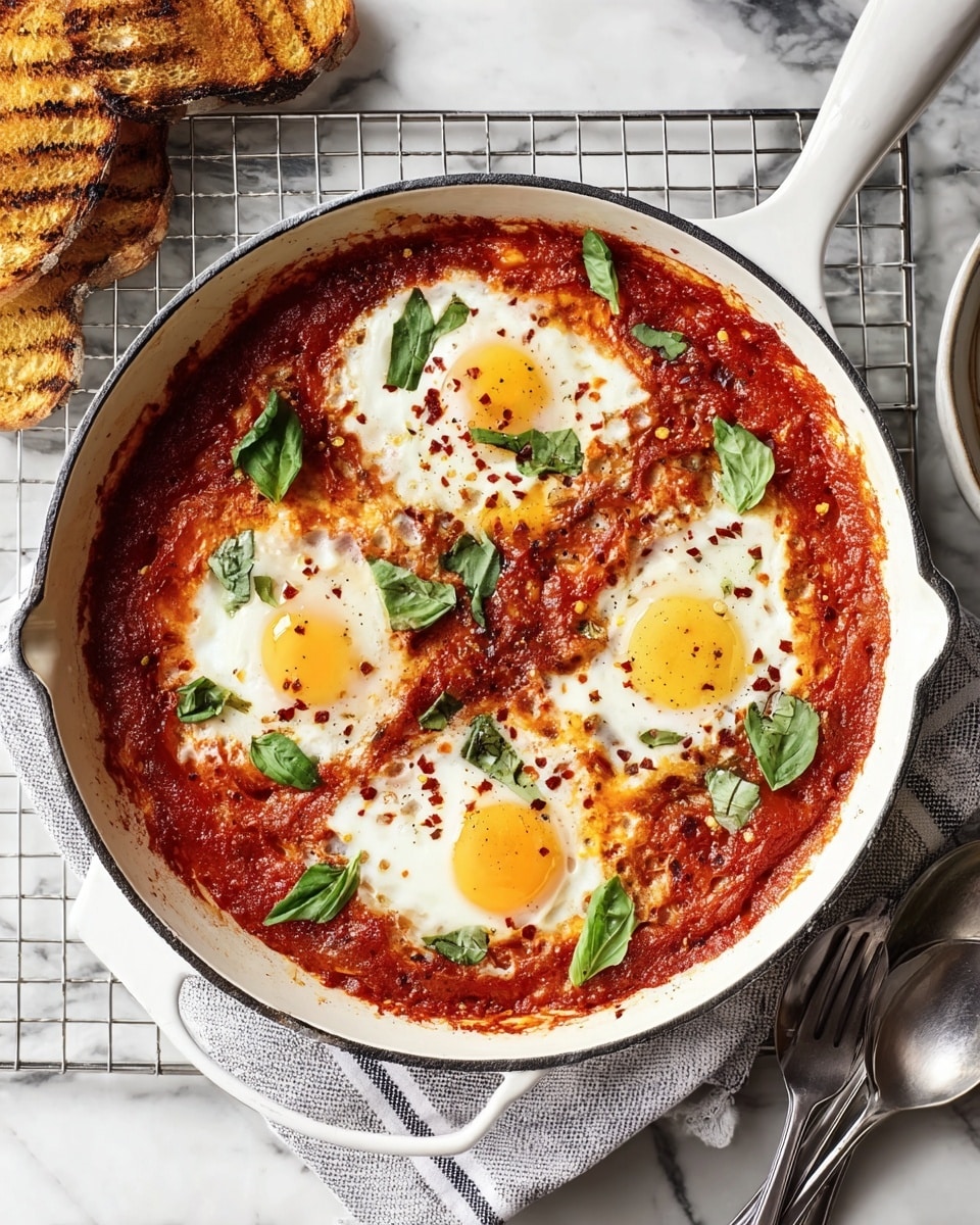 A white cast iron skillet holds a dish with four sunny-side-up eggs evenly spaced on top of a thick, rich red tomato sauce layer. The egg whites are cooked with slight browning edges, and the yolks are bright yellow and glossy. Fresh green basil leaves are scattered on top, adding a pop of color. A few red chili flakes are sprinkled over the eggs. The skillet sits on a striped cloth over a metal wire rack, on a white marbled surface. To the left, two grilled slices of toasted bread rest partially in the frame, and a fork and spoon are placed to the right side. Photo taken with an iphone --ar 4:5 --v 7