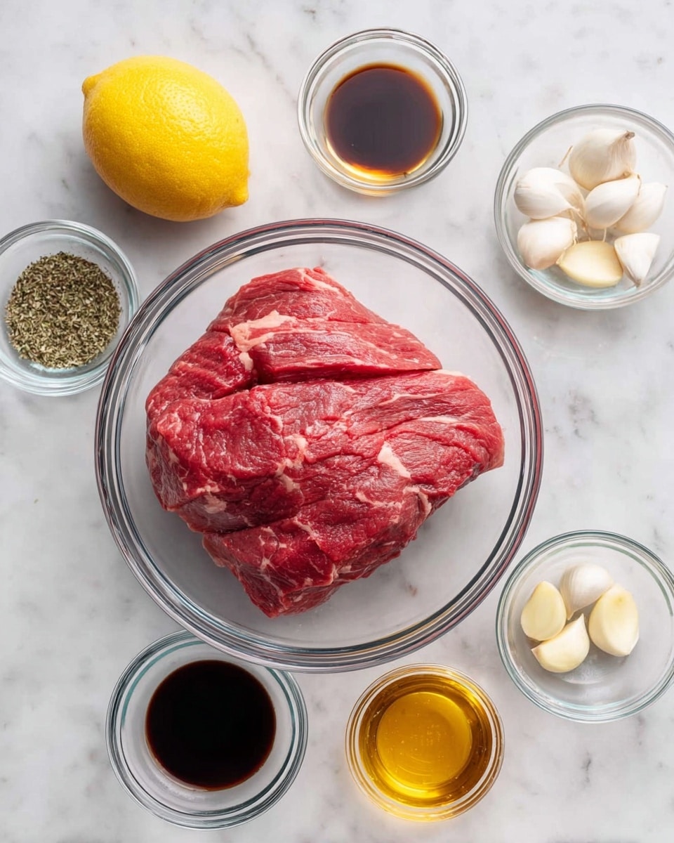 A clear glass bowl in the center holds a large piece of red raw meat with visible marbling and texture. Around it on a white marbled surface are six small clear glass bowls and one whole yellow lemon. In the top right corner is a bowl of dark brown soy sauce, below it to the right is a bowl with three peeled white garlic cloves, and below that is a bowl of golden honey. To the bottom left of the meat bowl is another bowl of dark brown soy sauce, above it is a bowl with dried green herbs and black pepper powder, and to the top left is a whole lemon. photo taken with an iphone --ar 4:5 --v 7