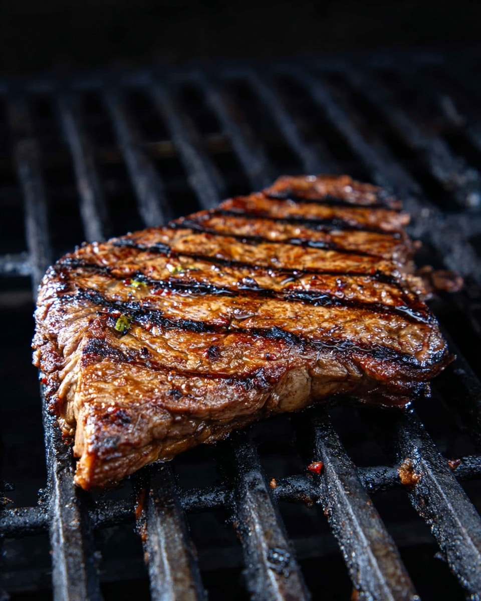 A single grilled steak sits on a black metal grill with thick, dark grill lines across its surface, showing a mix of brown with some reddish tones and a shiny, slightly oily texture. The background features the black grill bars and a dark space beneath them, giving focus all to the steak. The image captures the rich caramelized crust with a few darker charred spots. photo taken with an iphone --ar 4:5 --v 7