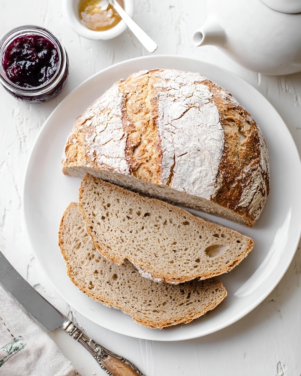 A round, crusty bread loaf sits on a white plate, with four thick slices arranged below it, showing a soft, light brown interior with small air holes. The top of the loaf has a rough, golden-brown crust dusted with white flour. Around the plate, there is a small white dish with a light spread, a jar of dark purple jam with a silver spoon, a knife with a silver blade, and a white teapot partially visible on a white marbled surface. photo taken with an iphone --ar 4:5 --v 7