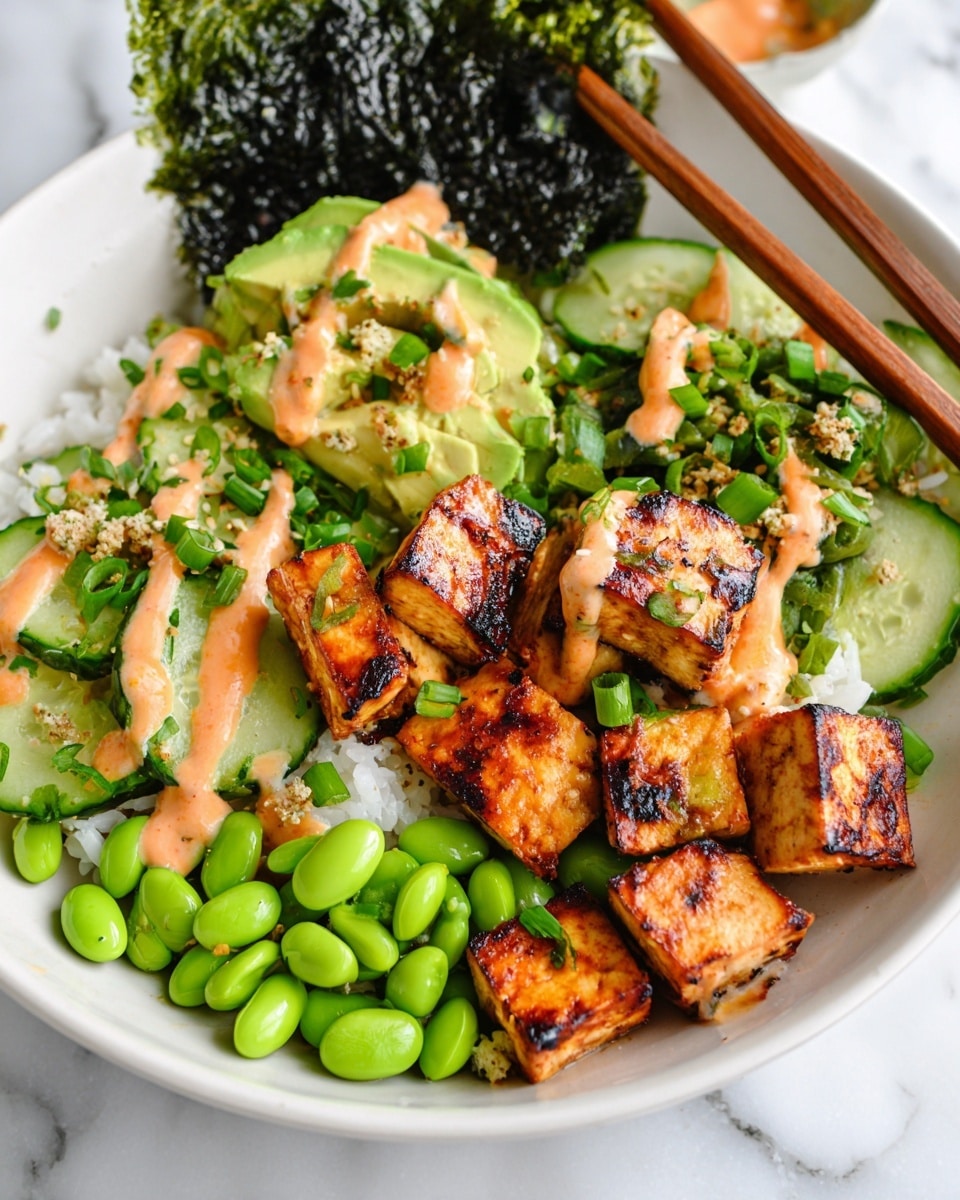 A white bowl sits on a white marbled surface filled with several colorful layers. At the bottom, there is a layer of white rice, topped with bright green edamame beans scattered around. On one side, there are green cucumber slices, some folded with a peachy-orange sauce drizzled on top and sprinkled with small bits of seasoning and chopped green onions. Next to it are golden brown grilled tofu cubes with charred edges, also drizzled with the same sauce and sprinkled with green onion pieces. On the other side, thin green avocado slices are fanned out with sauce and topping, and behind them, there is a large dark green seaweed sheet standing upright. Two wooden chopsticks rest diagonally across the bowl. The photo was taken with an iphone --ar 4:5 --v 7