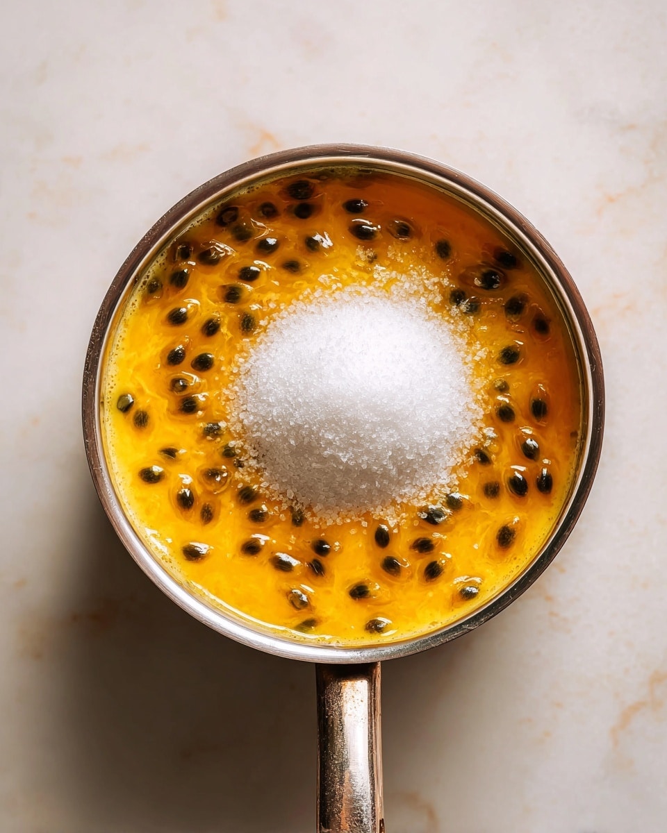 A silver saucepan filled with orange passion fruit pulp and many black seeds surrounds a white pile of sugar in the center, sitting on a heat source against a white marbled textured background, photo taken with an iphone --ar 4:5 --v 7