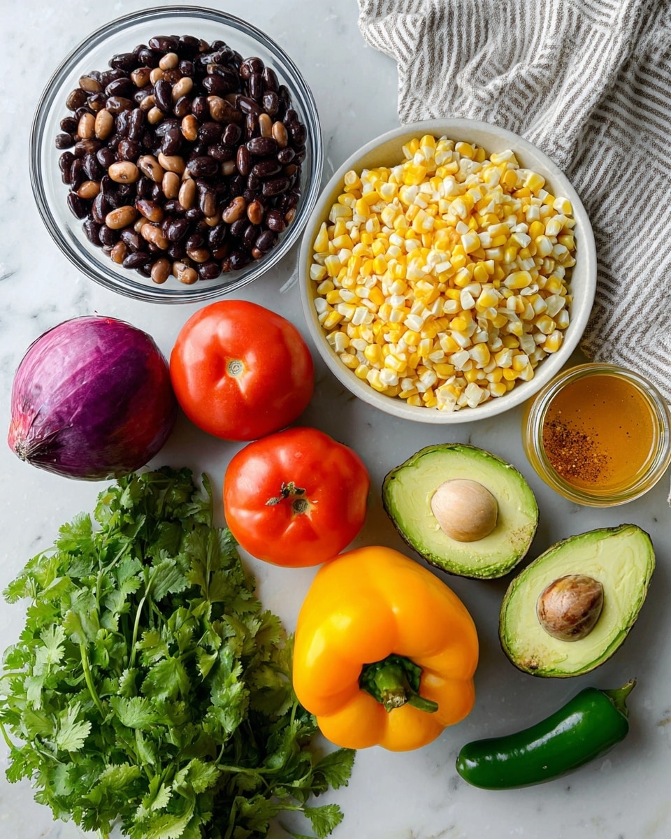 The image shows fresh ingredients on a white marbled surface: a glass bowl with dark brown and white beans side by side, a white bowl filled with yellow and white corn kernels, two red Roma tomatoes, two green jalapeño peppers, a large bunch of green cilantro, a whole purple onion, a bright yellow bell pepper, and an orange bell pepper. There are also three halved avocados with light green flesh and brown pits, and a glass small jar with yellow-orange liquid and spices. A striped cloth is partly visible at the top right. Photo taken with an iphone --ar 4:5 --v 7